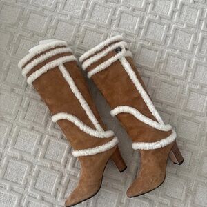 Manolo Blahnik Brown Suede Boots with White Trim